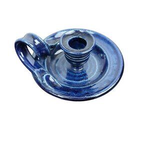 Antique Vintage Cobalt Blue Pottery Ceramic Chamberstick Candle Holder Stoneware